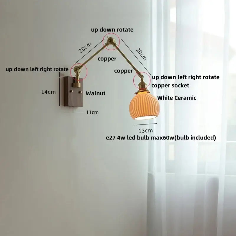 Brass and ribbed glass ceramic led wall light – bedroom sconce
