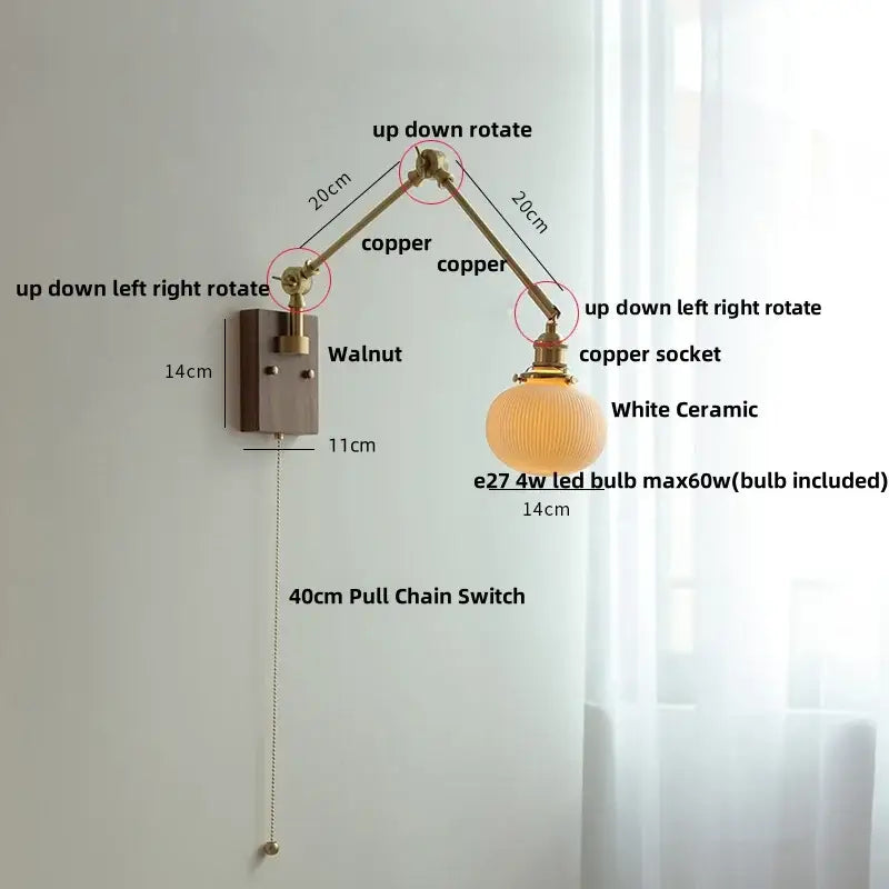 Brass and ribbed glass ceramic led wall light – bedroom sconce