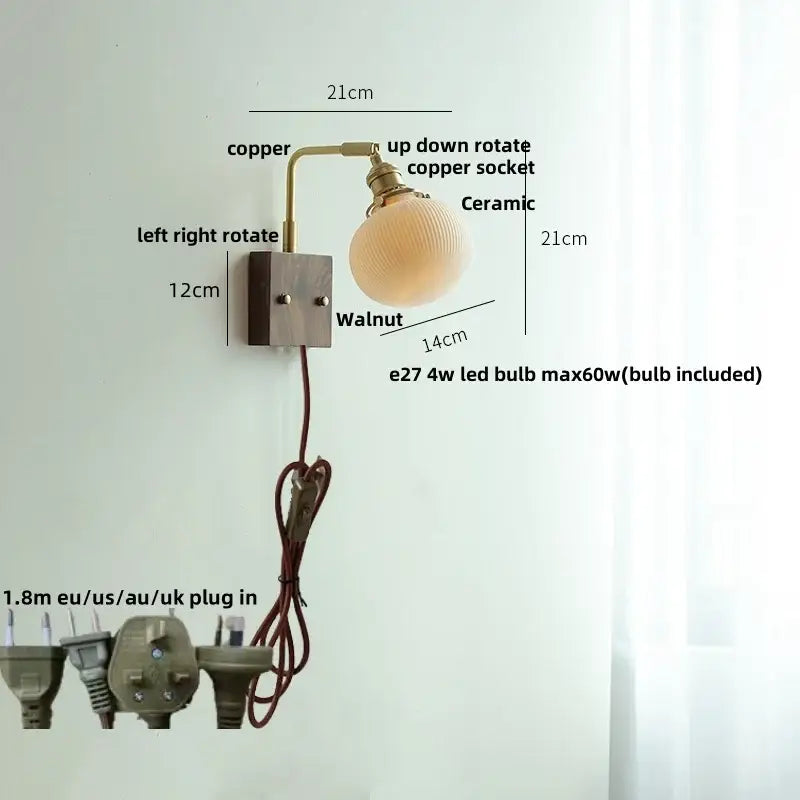 Brass and walnut ceramic led wall light bedroom sconce