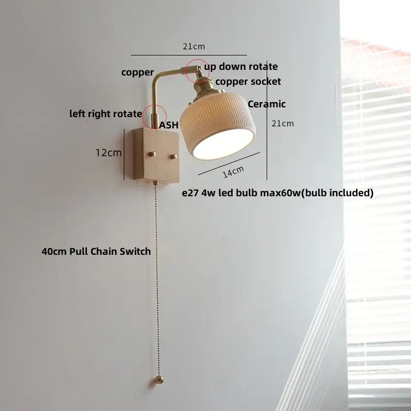 Brass and walnut ceramic led wall light bedroom sconce