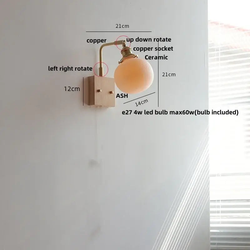 Brass and walnut ceramic led wall light bedroom sconce