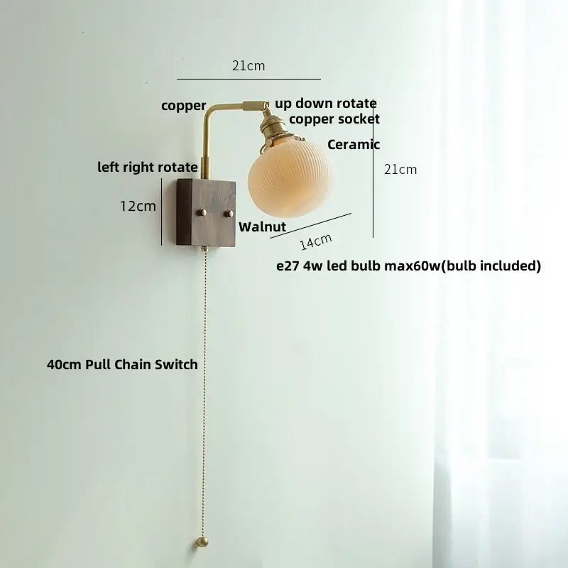 Brass and walnut ceramic led wall light bedroom sconce