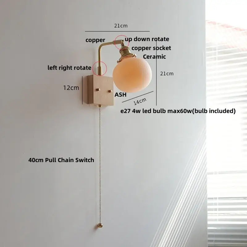Brass and walnut ceramic led wall light bedroom sconce