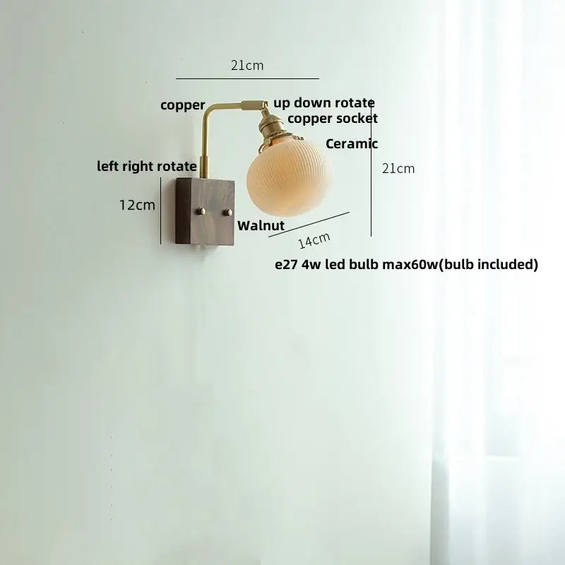 Brass and walnut ceramic led wall light bedroom sconce