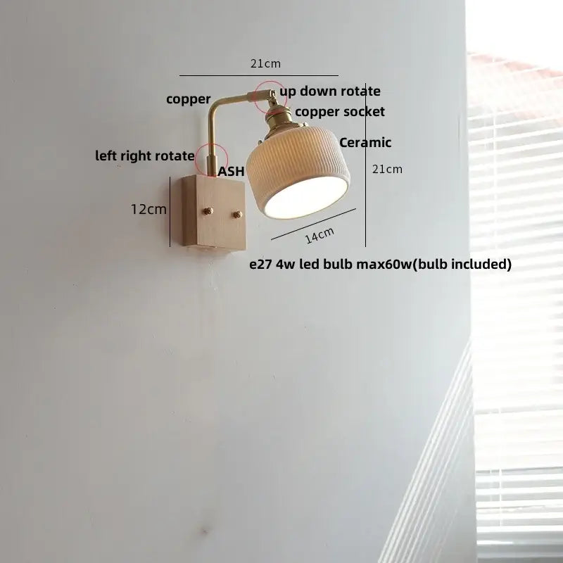 Brass and walnut ceramic led wall light bedroom sconce