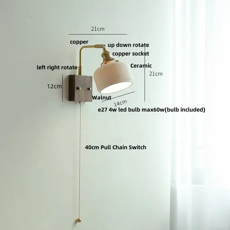 Brass and walnut ceramic led wall light bedroom sconce