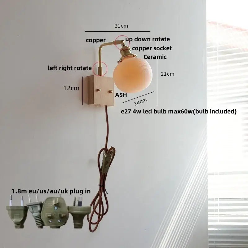 Brass and walnut ceramic led wall light bedroom sconce