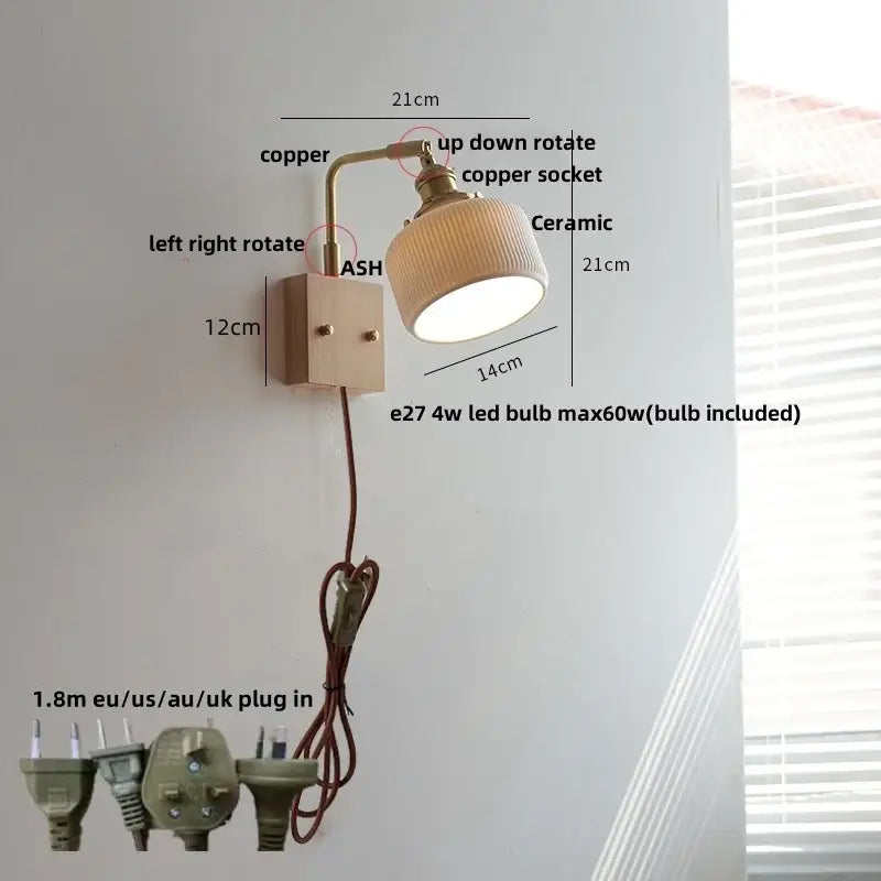 Brass and walnut ceramic led wall light bedroom sconce