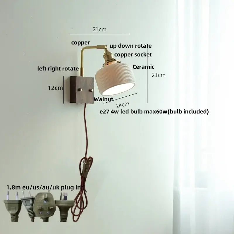 Brass and walnut ceramic led wall light bedroom sconce