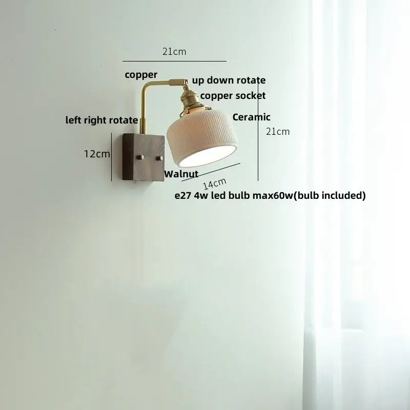 Brass and walnut ceramic led wall light bedroom sconce