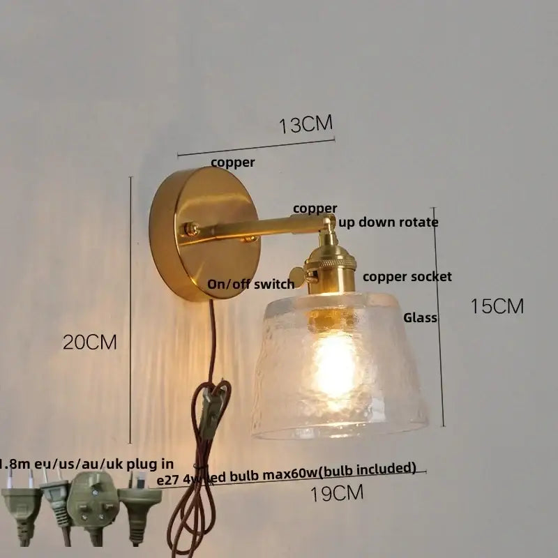 Brass clear glass led wall sconce with pull chain bedroom light
