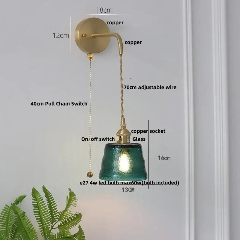 Brass clear glass led wall sconce with pull chain bedroom light
