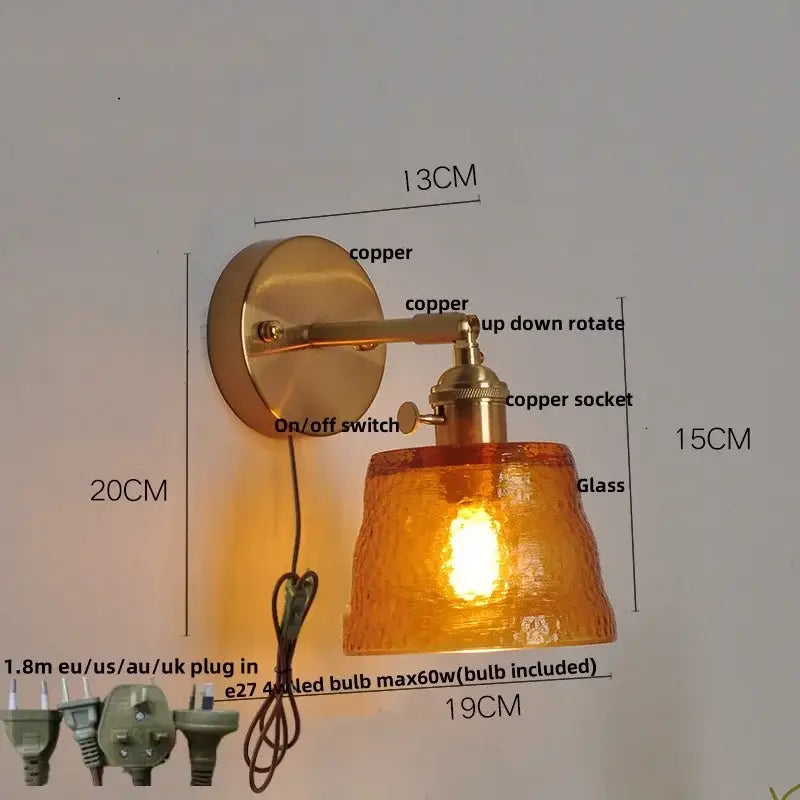 Brass clear glass led wall sconce with pull chain bedroom light