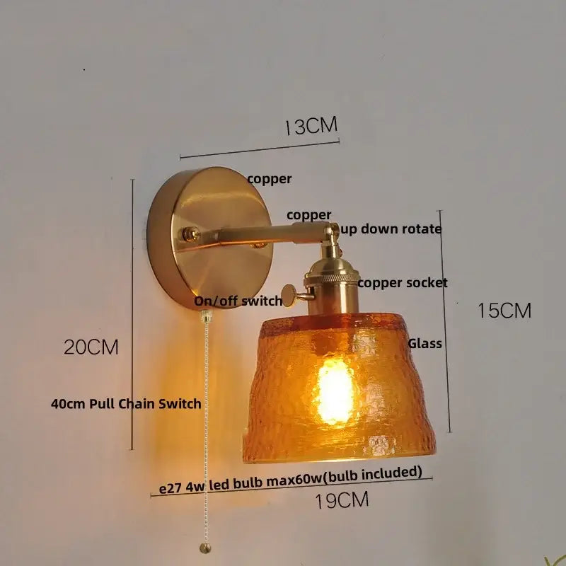 Brass clear glass led wall sconce with pull chain bedroom light