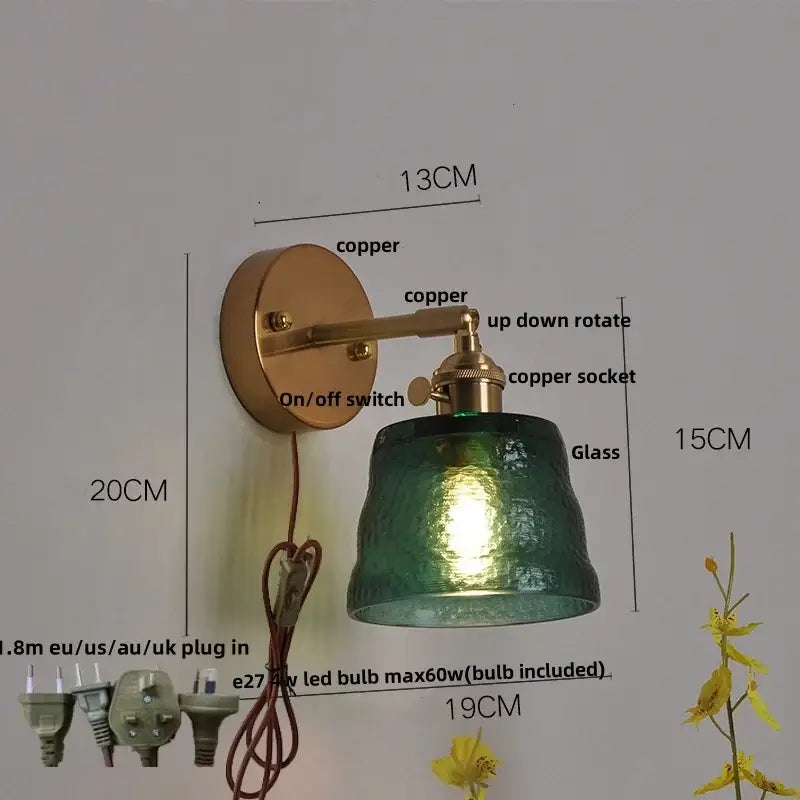 Brass clear glass led wall sconce with pull chain bedroom light