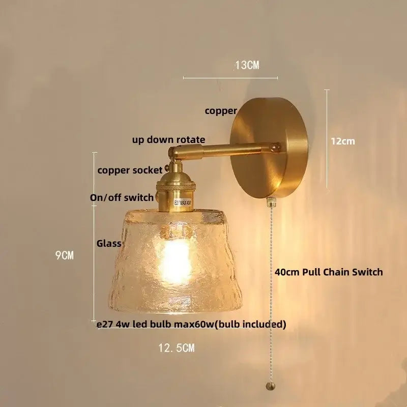 Brass clear glass led wall sconce with pull chain bedroom light