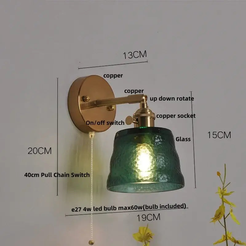 Brass clear glass led wall sconce with pull chain bedroom light