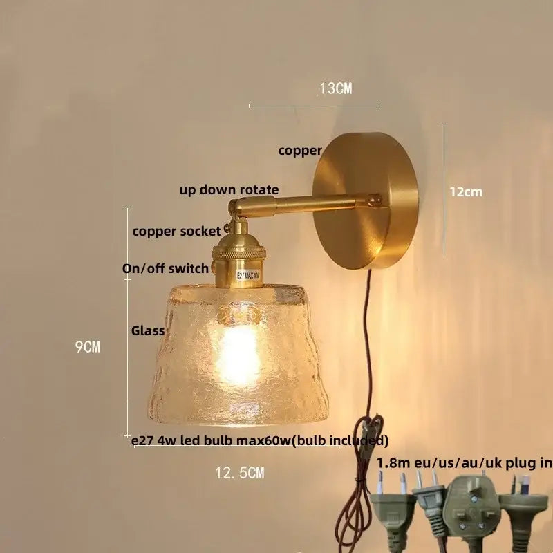 Brass clear glass led wall sconce with pull chain bedroom light