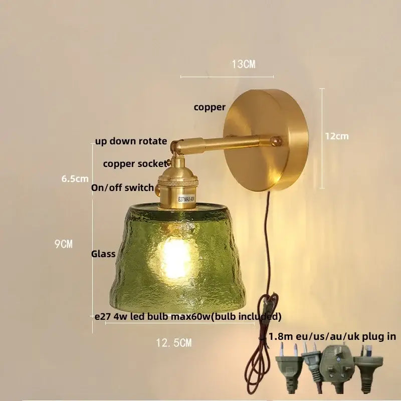 Brass clear glass led wall sconce with pull chain bedroom light