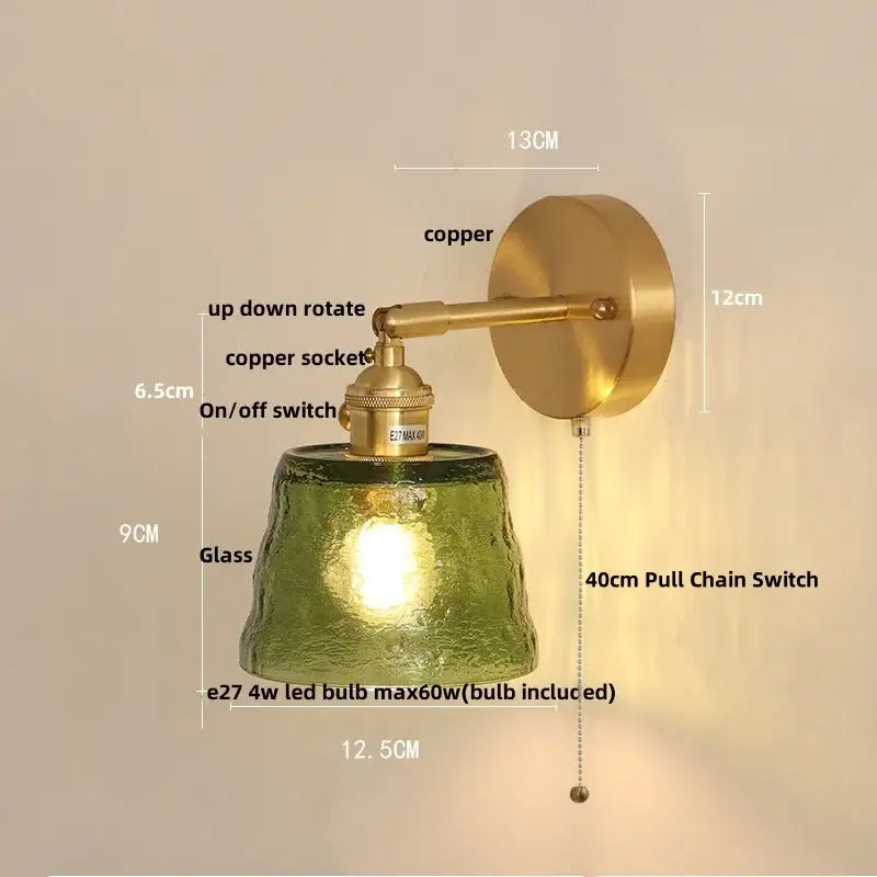 Brass clear glass led wall sconce with pull chain bedroom light