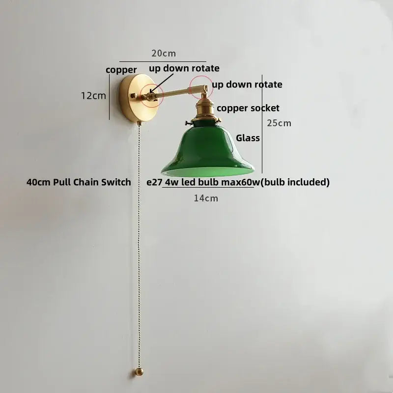 Brass brass clear glass wall lights bedroom reading lamp with pull chain