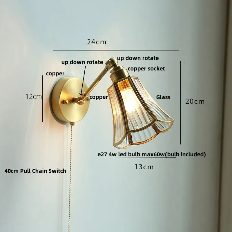 Brass brass clear glass wall lights bedroom reading lamp with pull chain