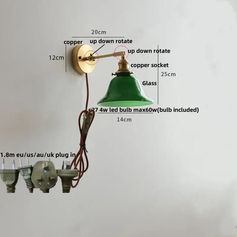Brass brass clear glass wall lights bedroom reading lamp with pull chain