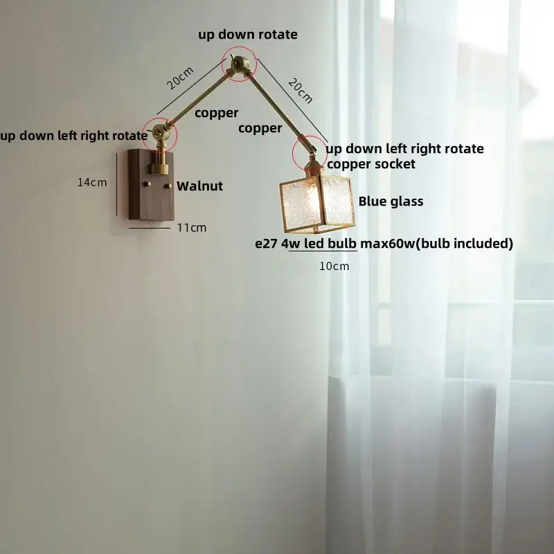 Brass decorbites ash wood blue glass wall sconce bedroom light