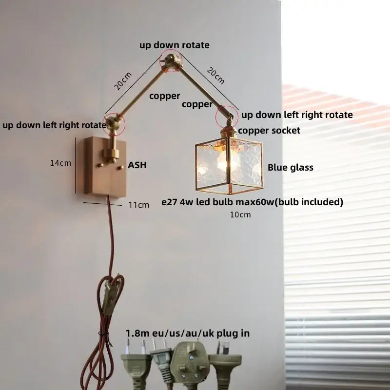 Brass decorbites ash wood blue glass wall sconce bedroom light