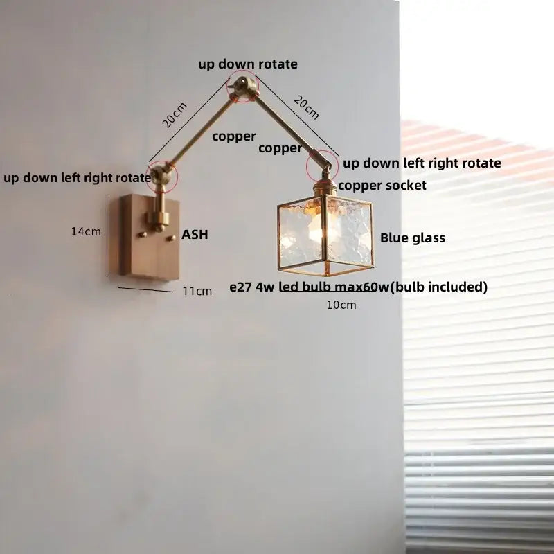 Brass decorbites ash wood blue glass wall sconce bedroom light