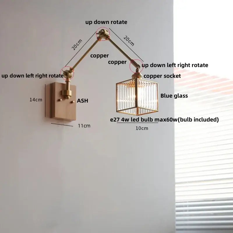 Brass decorbites ash wood blue glass wall sconce bedroom light