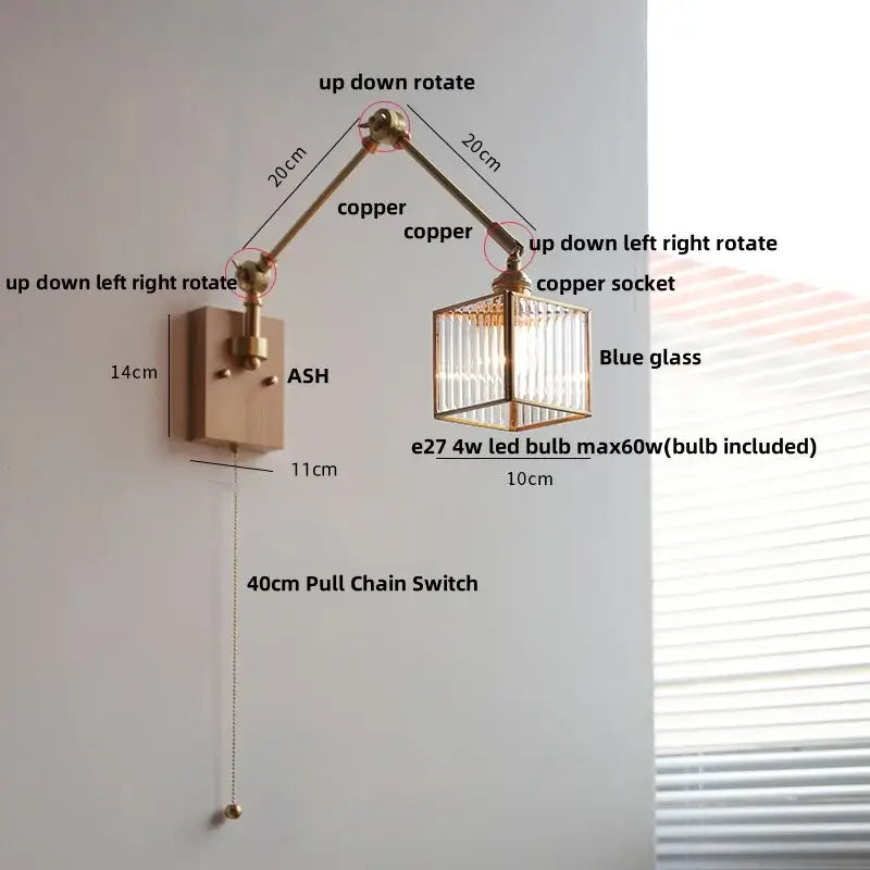 Brass decorbites ash wood blue glass wall sconce bedroom light