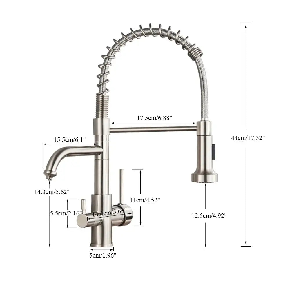 Brass dual spout water filter faucet kitchen coiled pull down spray