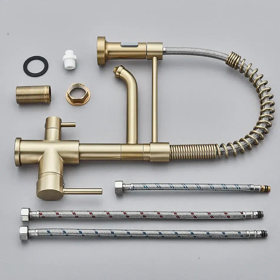 Brass dual spout water filter faucet kitchen coiled pull down spray