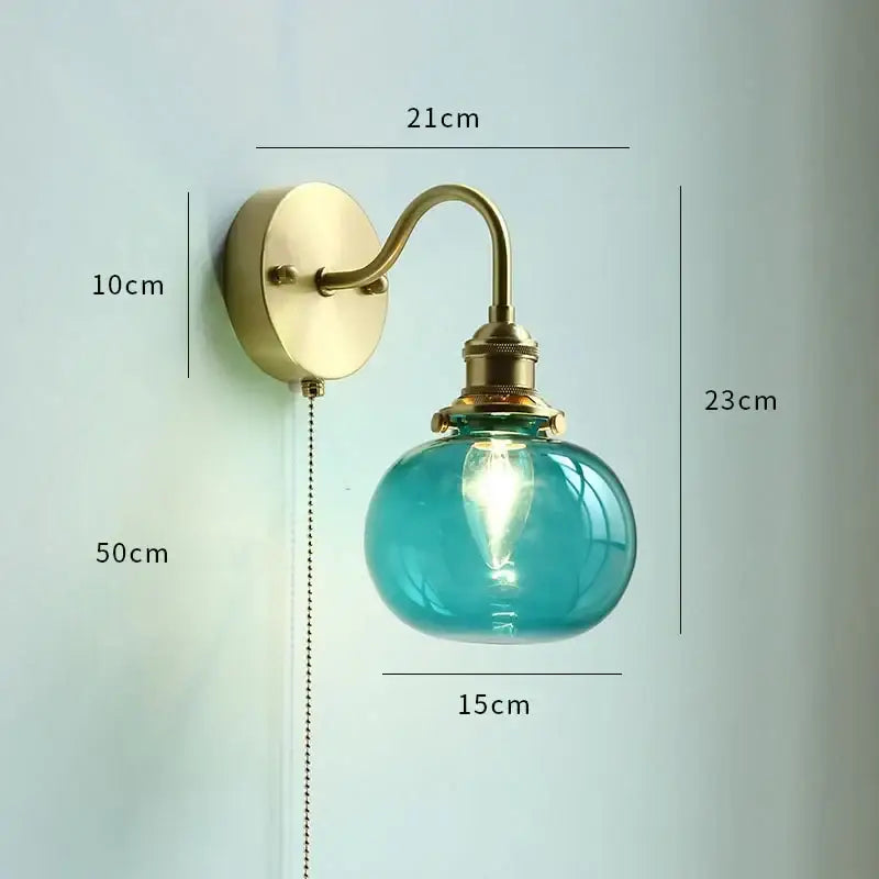Brass glass copper led wall sconce for bedroom mirror with pull chain