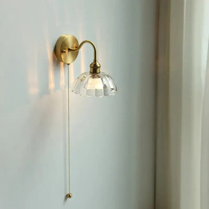 Brass glass copper led wall sconce for bedroom mirror with pull chain
