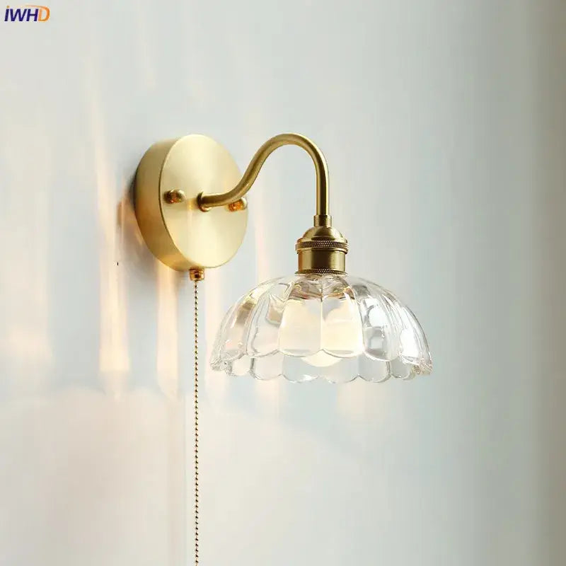 Brass glass copper led wall sconce for bedroom mirror with pull chain