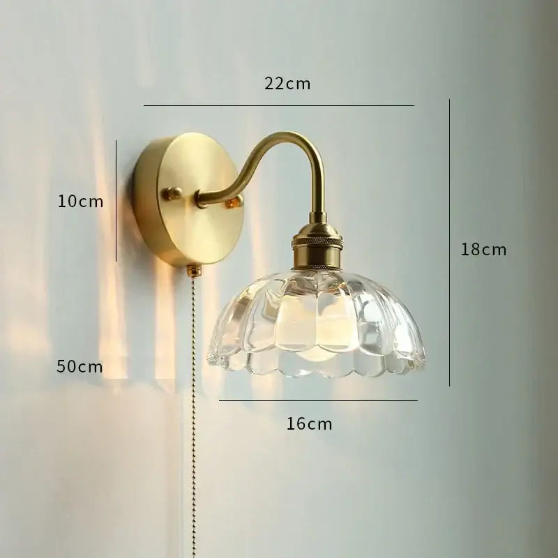 Brass glass copper led wall sconce for bedroom mirror with pull chain