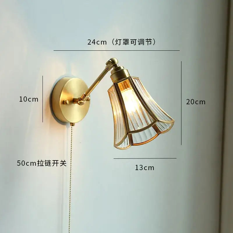 Brass glass copper led wall sconce for bedroom mirror with pull chain
