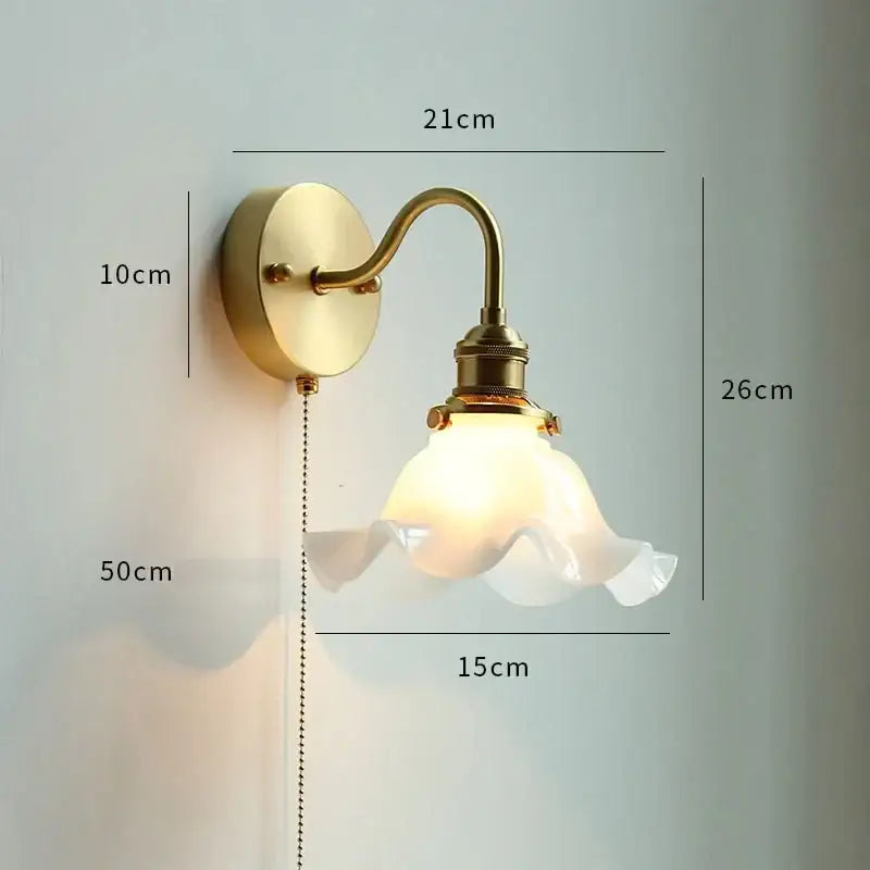 Brass glass copper led wall sconce for bedroom mirror with pull chain