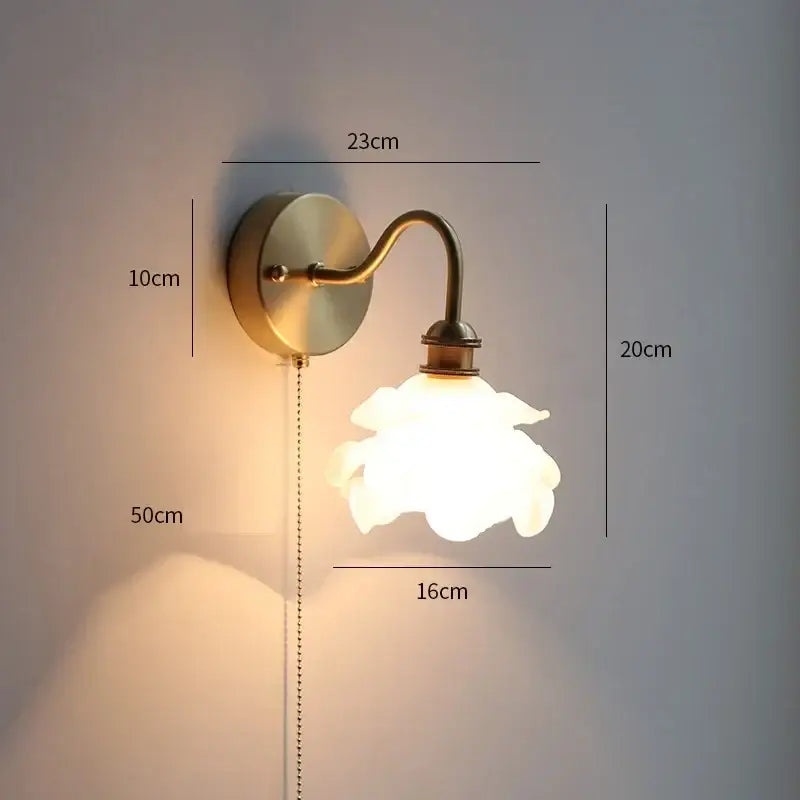 Brass glass copper led wall sconce for bedroom mirror with pull chain
