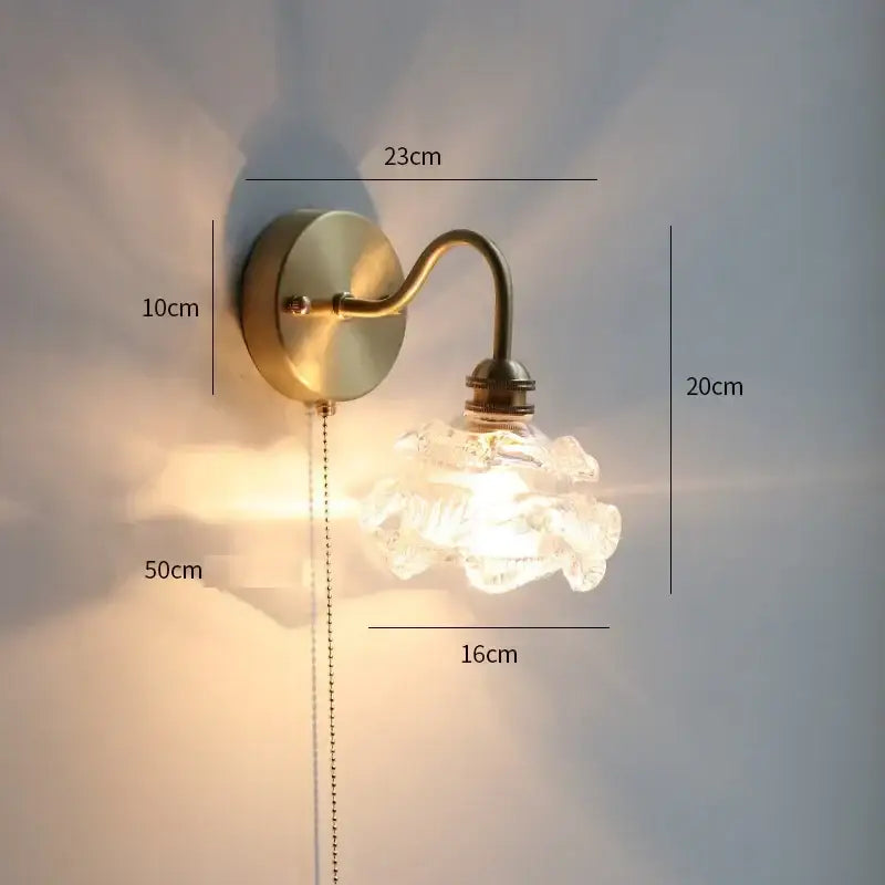 Brass glass copper led wall sconce for bedroom mirror with pull chain