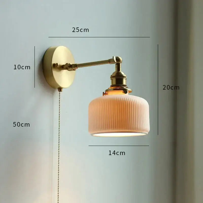 Brass glass copper led wall sconce for bedroom mirror with pull chain