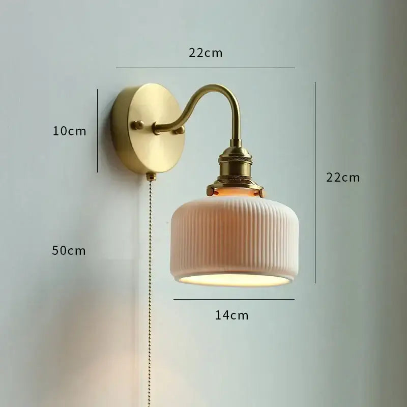 Brass glass copper led wall sconce for bedroom mirror with pull chain