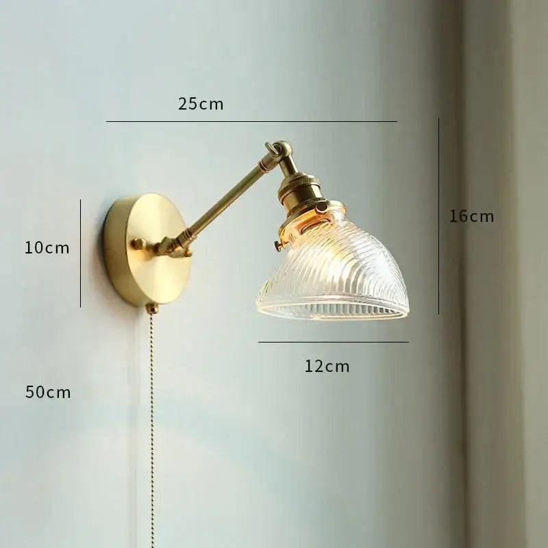 Brass glass copper led wall sconce for bedroom mirror with pull chain
