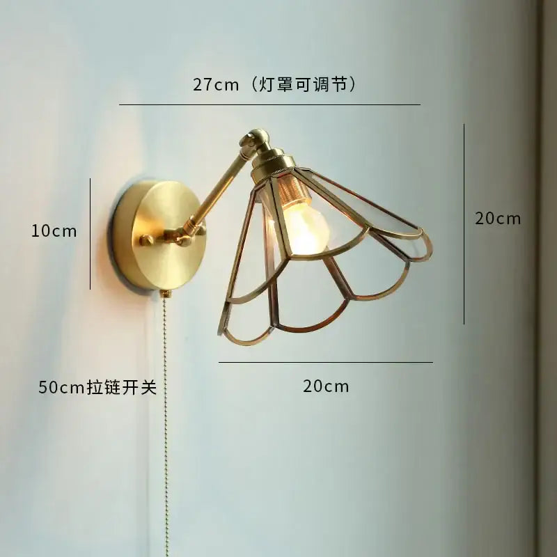 Brass glass copper led wall sconce for bedroom mirror with pull chain