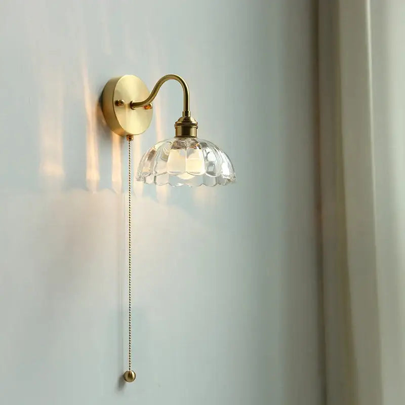 Brass glass copper led wall sconce for bedroom mirror with pull chain