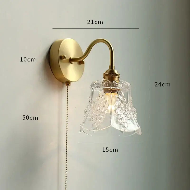Brass glass copper led wall sconce for bedroom mirror with pull chain