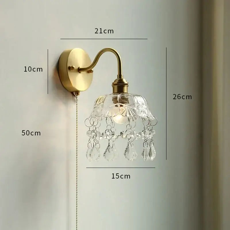 Brass glass copper led wall sconce for bedroom mirror with pull chain