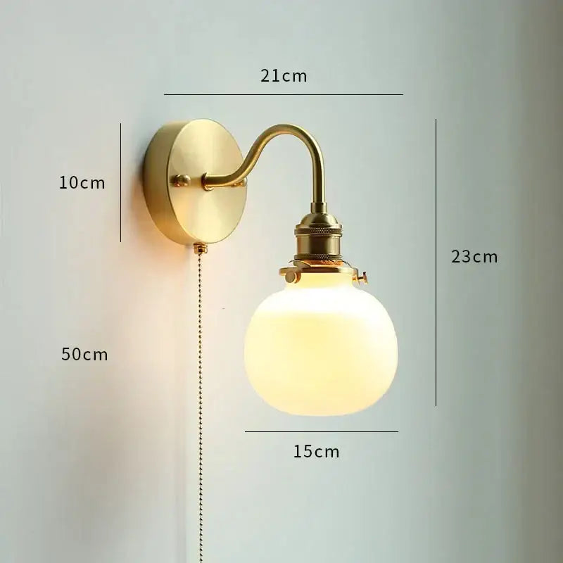 Brass glass copper led wall sconce for bedroom mirror with pull chain